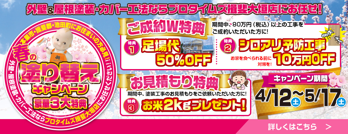 プロタイムズ揖斐大垣店の春の塗り替えキャンペーン。特典として、足場代50％OFF、シロアリ予防工事10万円OFF、お見積り依頼でお米2kgプレゼント。期間は4月12日から5月17日まで